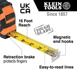 Klein® 9225 Closed Case Double Sided Lockable Magnetic Hook Measuring Tape, 25 ft L, Steel Blade, Imperial Measuring System, 1/16 in Graduation