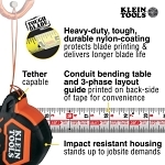 Klein® 9225 Closed Case Double Sided Lockable Magnetic Hook Measuring Tape, 25 ft L, Steel Blade, Imperial Measuring System, 1/16 in Graduation