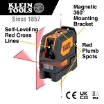 Klein® 93LCLS Self-Leveling Cross Line Laser Level With Plumb Spot, 65 ft Measuring, +/- 3/32 in per 33 ft Accuracy, Battery