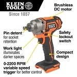 Klein® BAT20CW1 Impact Wrench, 1/2 in Drive Pin Detent Square Drive, 210 ft-lb Torque Rating, 20 V, 18.5 in OAL