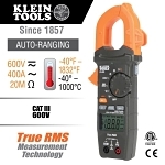 Klein® CL220 Auto-Ranging Digital Clamp Meter With Temperature Measure, 600 VAC/VDC, 400 A AC, 20 Mohm, 1.61 in Jaw, Backlit LCD Display