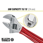Klein® D507-6 Extra Capacity Non-Insulated Adjustable Wrench, 15/16 in, Polished Chrome, 6-1/2 in OAL, Forged Alloy Steel Body, Forged Alloy Steel