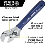 Klein® D509-8 Extra Wide Adjustable Wrench, 1-1/2 in, Polished Chrome, 8-1/2 in OAL, Hardened Steel Body