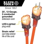 Klein® EXC2515 Glow End Extension Cord, Electrical Ratings: 300 V, 15 A, 1875 W, 25 ft L Cord, (3) Conductors