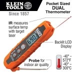 Klein® IR07 Pocket Dual IR/Probe Thermometer, -40 to 572 deg F, -40 to 0 deg C - +/-2 deg, 1 to 300 deg C - +/- 1 deg C Accuracy, Backlit LCD Display, AAA Battery