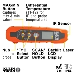 Klein® IR07 Pocket Dual IR/Probe Thermometer, -40 to 572 deg F, -40 to 0 deg C - +/-2 deg, 1 to 300 deg C - +/- 1 deg C Accuracy, Backlit LCD Display, AAA Battery