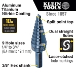 Klein® KTSB03 Step Drill Bit, 1/4 in Dia Min Hole, 3/4 in Dia Max Hole, Steel, 3/8 in Shank