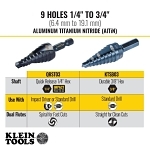 Klein® KTSB03 Step Drill Bit, 1/4 in Dia Min Hole, 3/4 in Dia Max Hole, Steel, 3/8 in Shank