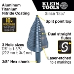 Klein® KTSB15 Step Drill Bit, 7/8 in Dia Min Hole, 1-3/8 in Dia Max Hole, Steel, 3 Hole Sizes, 3/8 in Shank