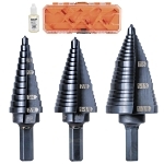 Klein® KTSB15 Step Drill Bit, 7/8 in Dia Min Hole, 1-3/8 in Dia Max Hole, Steel, 3 Hole Sizes, 3/8 in Shank