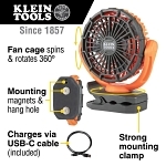 Klein® PJSFM1 Rechargeable Personal Jobsite Fan, 5 VDC, 2 Speeds, 8.2 to 10.5 fps Air Flow