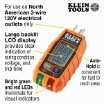 Klein® RT250 GFCI Receptacle Tester With LCD, 135 VAC, CAT II 135 V